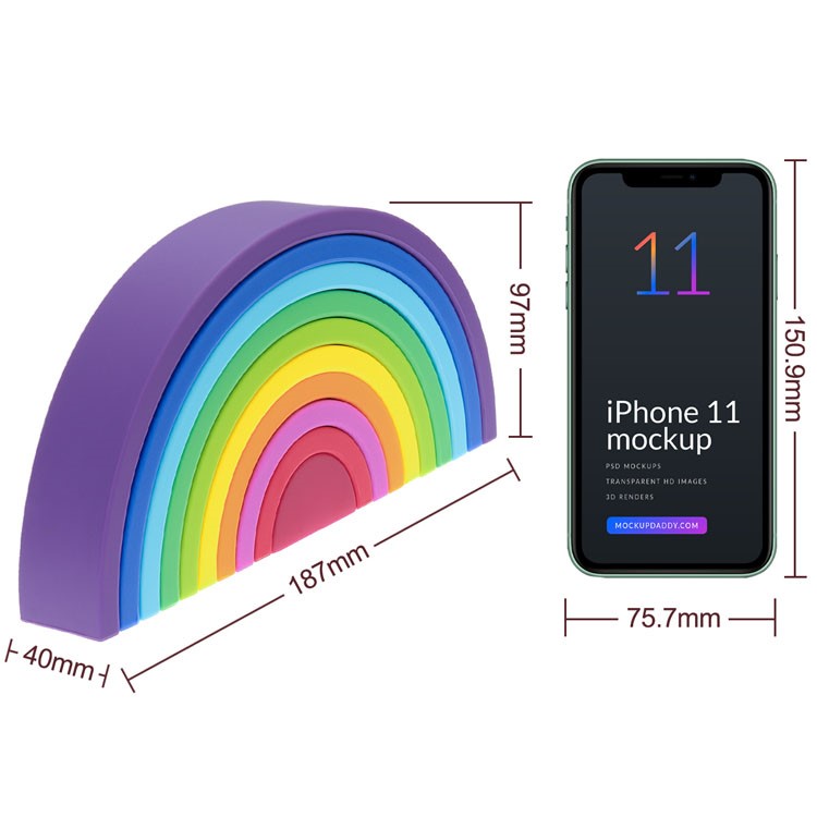 Arco Iris 10 Pcs Arco-íris colorido em madeira com dimensões junto a iPhone 11