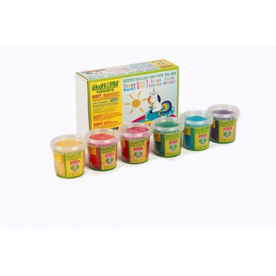 Conjunto de plasticinas coloridas com caixa branca e desenho de unicórnio