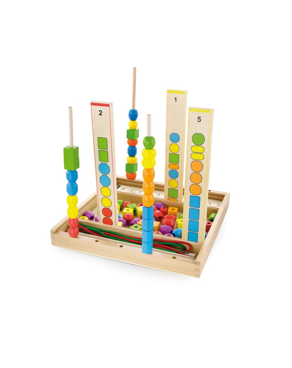 Formas para Encaixe - 92 Peças Brinquedo educativo de madeira com contas coloridas e padrões geométricos.