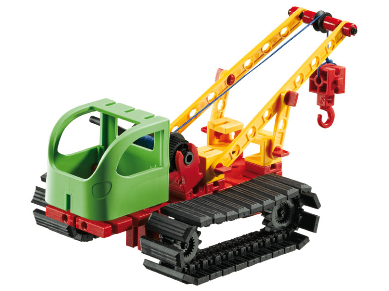 Laboratório Experiências CTEM - Máquinas Simples Brinquedo de guindaste com esteira verde, amarelo, vermelho e preto