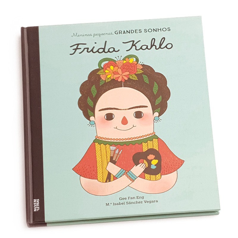 Frida Kahlo Livro infantil com capa dura azul claro e lombada castanha com ilustração de Frida Kahlo
