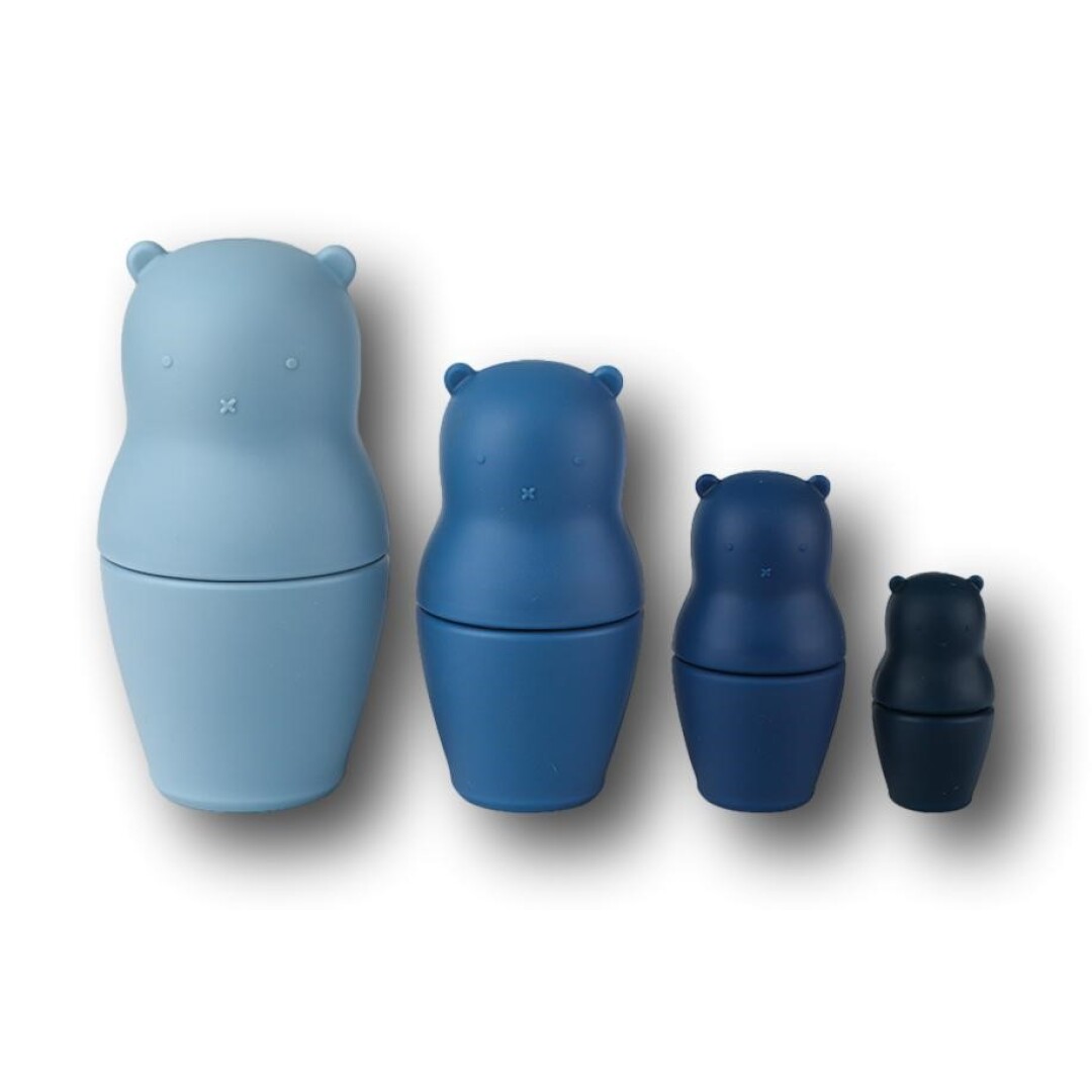 Bonecas Russas Ursos Azuis Conjunto de quatro matrioskas ursinho em tons de azul