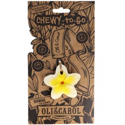 Mordedor de Borracha Flor Hawaii Pendende em forma de flor amarela com centro laranja em embalagem de cartão preta e natural