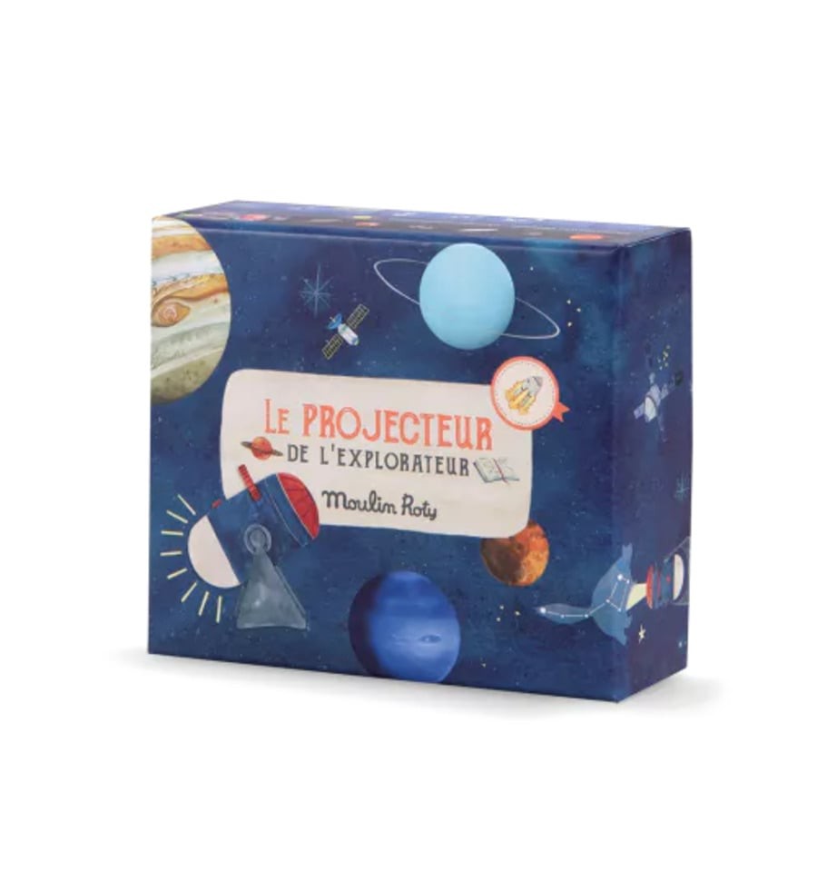 Projetor Moulin Roty Caixa azul com ilustrações de planetas e texto em francês de projetor infantil