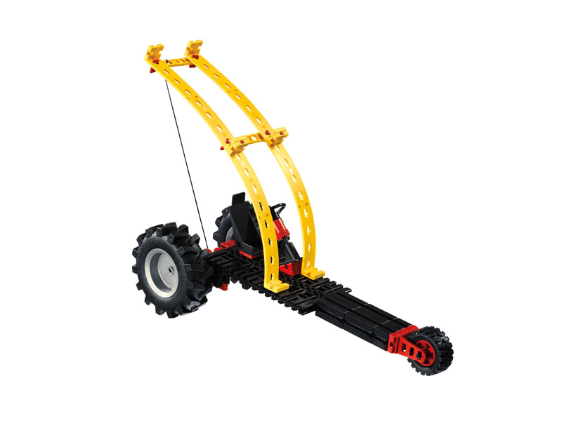 Laboratório Experiências CTEM - Sistemas de Movimento Brinquedo de veículo agrícola amarelo, preto e vermelho com rodas grandes