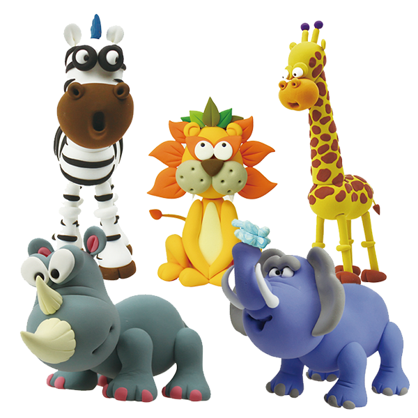 Conjunto de cinco figuras de animais coloridos em plástico sobre fundo branco