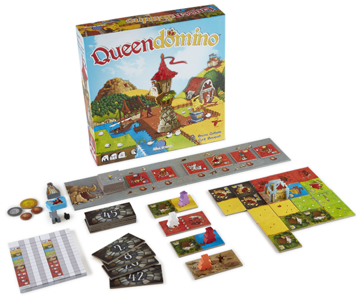 Jogo Queendomino Jogo de tabuleiro Queendomino com peças ilustradas, figuras coloridas, moedas e cartas.