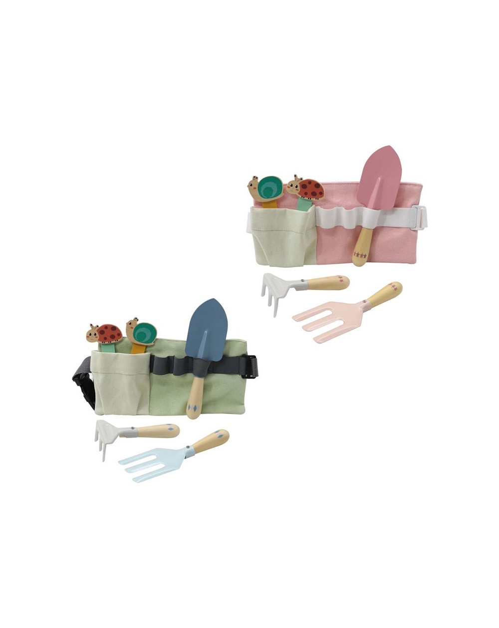 Cinto com Conjunto de Ferramentas de Jardim de Madeira Conjuntos de ferramentas de jardinagem infantis com bolsa em tecido e ferramentas de madeira coloridas.