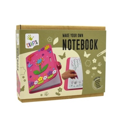 Caixa embalagem kit criar caderno capa rosa decorada flores com texto em inglês