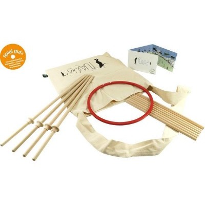 Conjunto de brinquedo de madeira com saco de pano e anel vermelho