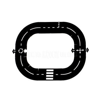 Pista de corrida oval preta com marcas brancas sobre fundo branco