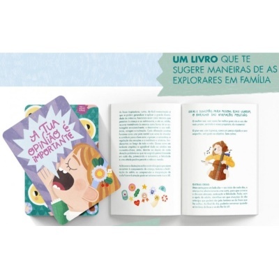 Livro infantil 'A tua opinião é importante' com ilustração colorida e páginas abertas com texto em português