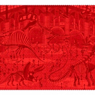 tapete vermelho com padrão de esqueletos de dinossauros num museu