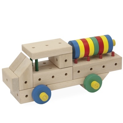 Brinquedo de madeira camião com peças coloridas