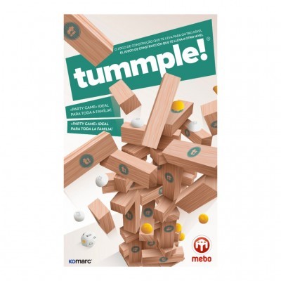 Embalagem do jogo tumpple! com blocos de madeira e bolas amarelas e brancas