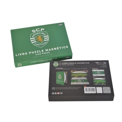 Caixa verde com logo do Sporting SCP e texto LIVRO PUZZLE MAGNÉTICO 2x60 peças