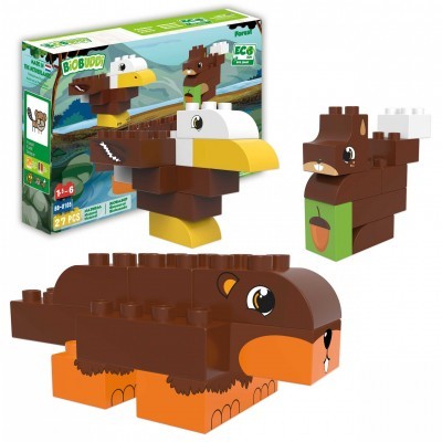 Conjunto de blocos de construção com águia e castor feitos de peças coloridas