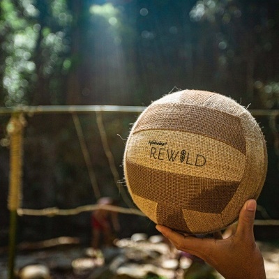 Mão segurando bola de voleibol texturada com o texto REWILD em frente a rede e árvores