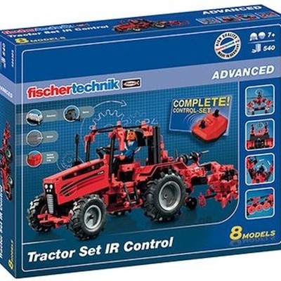 Caixa de brinquedo fischertechnik Tractor Set IR Control com modelo de tractor vermelho e detalhes técnicos.