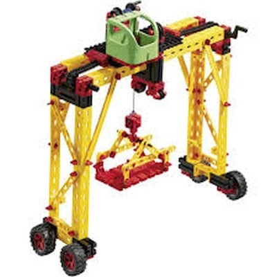 Maqueta de grua de plástico colorido com rodas e gancho suspenso