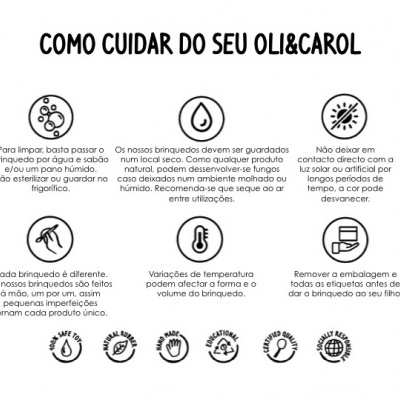 Instruções de cuidados para brinquedos OLI&CAROL com texto e ícones sobre fundo branco
