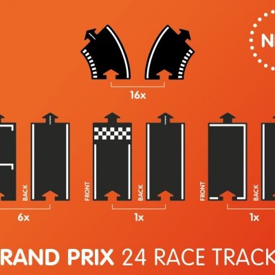 Peças pretas para pista de corrida em fundo laranja com texto 'GRAND PRIX 24 RACE TRACKS'