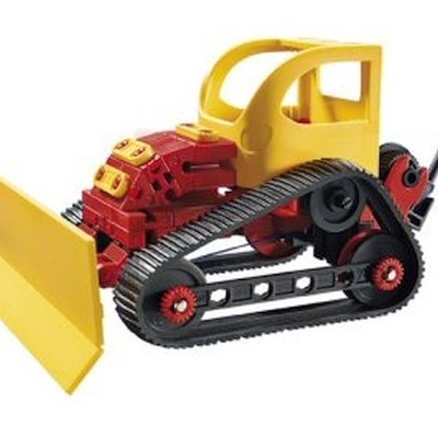 Brinquedo de bulldozer amarelo e vermelho com lagartas pretas
