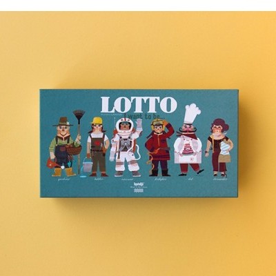 Caixa verde azulada com ilustração de personagens e texto LOTTO