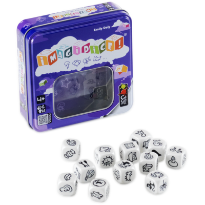 Jogo Imagidice com dados brancos e embalagem metálica roxa