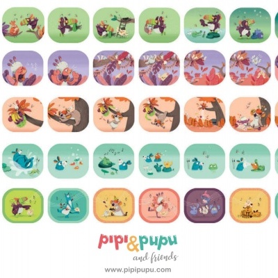 Ícones quadrados coloridos com ilustrações de animais e texto pipi&pupu and friends