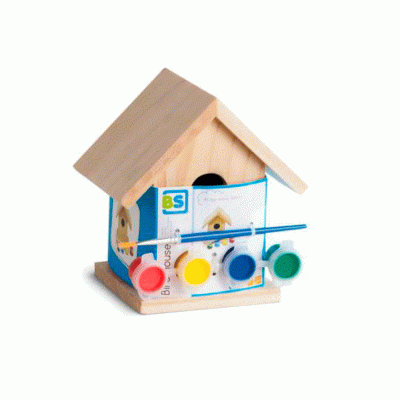 Casa de madeira para pintar com quatro tintas coloridas e pincel