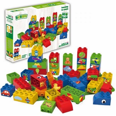Blocos de construção coloridos com figuras de animais e objetos e embalagem BIOBUDDI