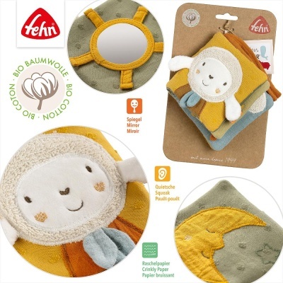 Brinquedos de bebé fehn em algodão biológico com espelho e peluche de ovelha sorridente.