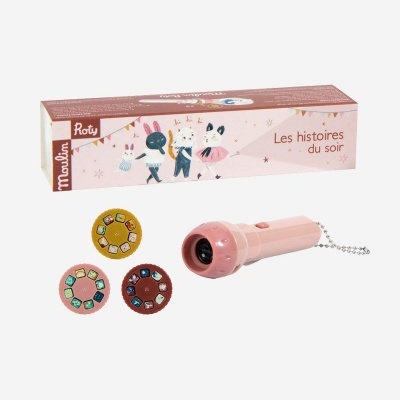 Projetor de histórias infantil rosa com discos e caixa ilustrada