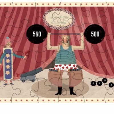 Quebra-cabeças de cena de circo com homem levantando pesos e outro homem com cão