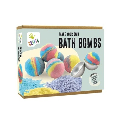 Kit para fazer bombas de banho coloridas com embalagem com texto e imagem das bombas