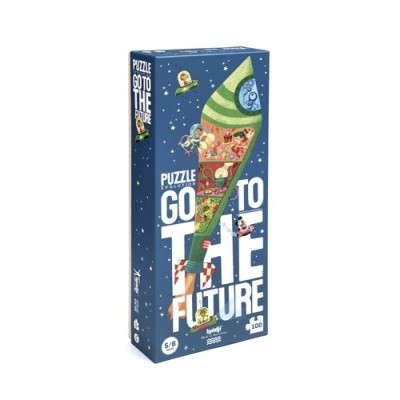 Caixa de puzzle azul escuro com foguete colorido e texto 'PUZZLE GO TO THE FUTURE'