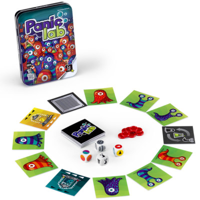 Jogo de tabuleiro Panic Lab com cartas, dados e fichas vermelhas