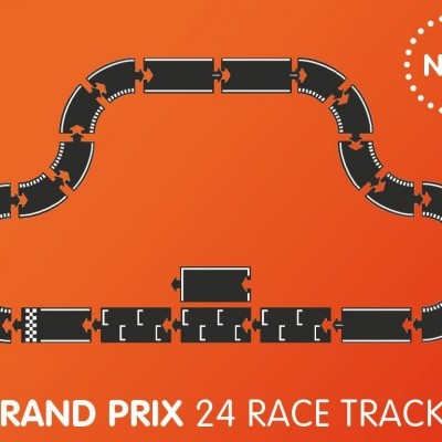 Conjunto de pistas de corrida de autorama pretas com texto 'GRAND PRIX 24 RACE TRACKS'