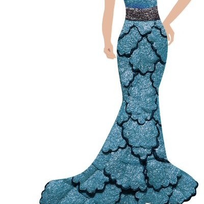 Vestido comprido azul com padrão escamas e cinto brilhante