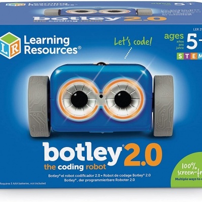 Caixa azul do robô programável Botley 2.0 com texto em inglês e gráficos do produto