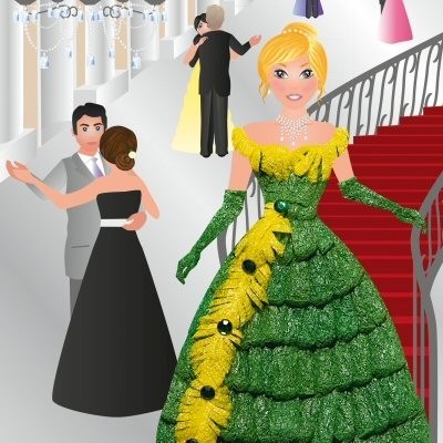 Mulher com vestido verde e amarelo elegante numa festa formal