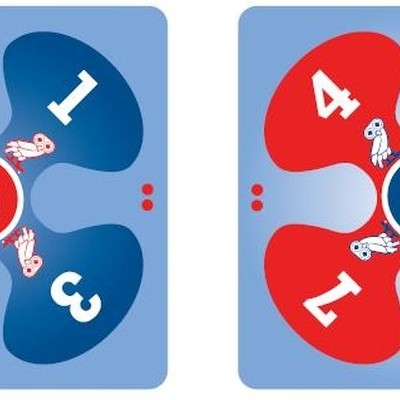 Dois tabuleiros de jogos de dados em azul e vermelho com números e ratinhos desenhados.