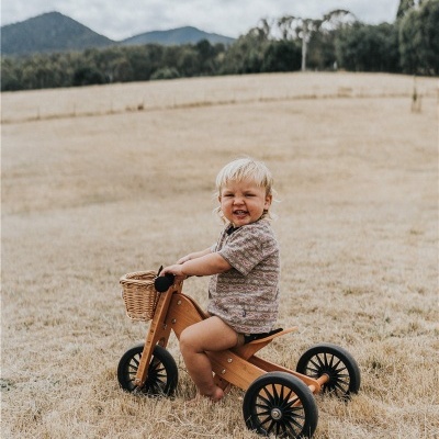 Criança numa bicicleta de equilíbrio de madeira num campo seco