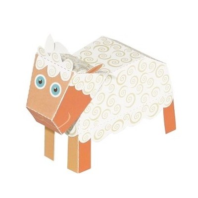 Ovelha de papel/cartão branco com padrões dourados e detalhes em laranja.