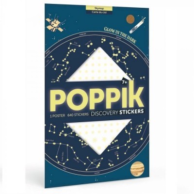 Poster de autocolantes de constelações em azul escuro com texto POPPIK e DISCOVERY STICKERS