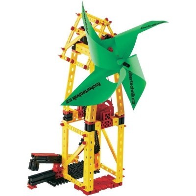 Moinho de vento em plástico amarelo com hélices verdes e base vermelha