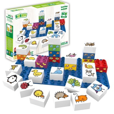 Jogo de blocos de construção com desenhos animados de animais e caixa de embalagem