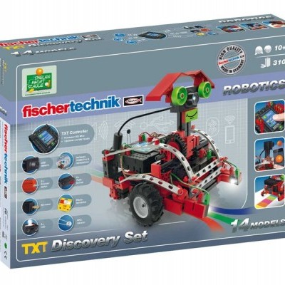 Caixa de brinquedo fischertechnik Robotics TXT Discovery Set com robô vermelho e componentes eletrónicos
