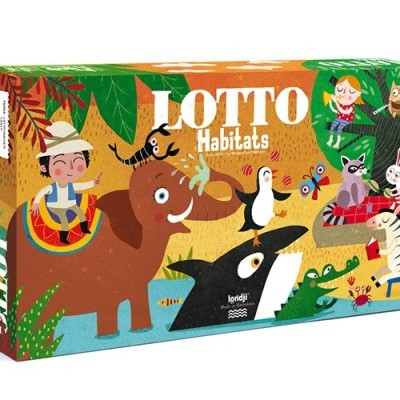 Caixa do jogo Lotto Habitats com ilustrações de animais e personagem humana
